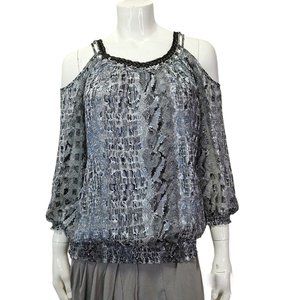 Cache Blue Gray Snakeskin Print Smocked Cold Shoulder Chain Top Lined Bl…